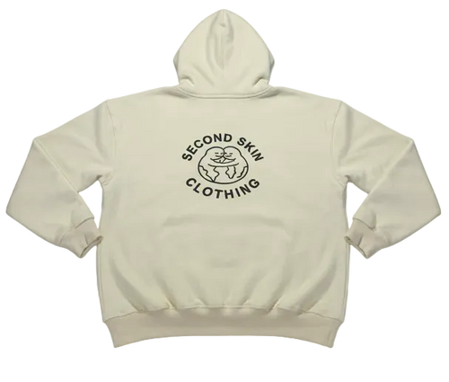 Beige hoodie with 'Second Skin Clothing' logo on a white background